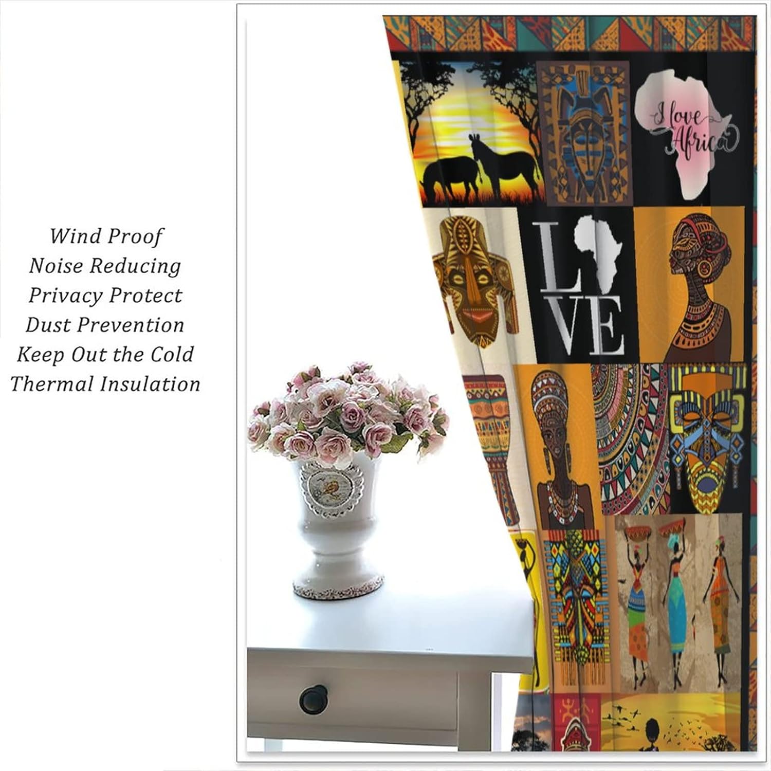 African Window Curtains, African Ethnic Style Black Girl Africa Native Totem Motifs Mask Elephant Giraff Blackout Window Treatments Drapes for Bedroom Living Room 42x45in