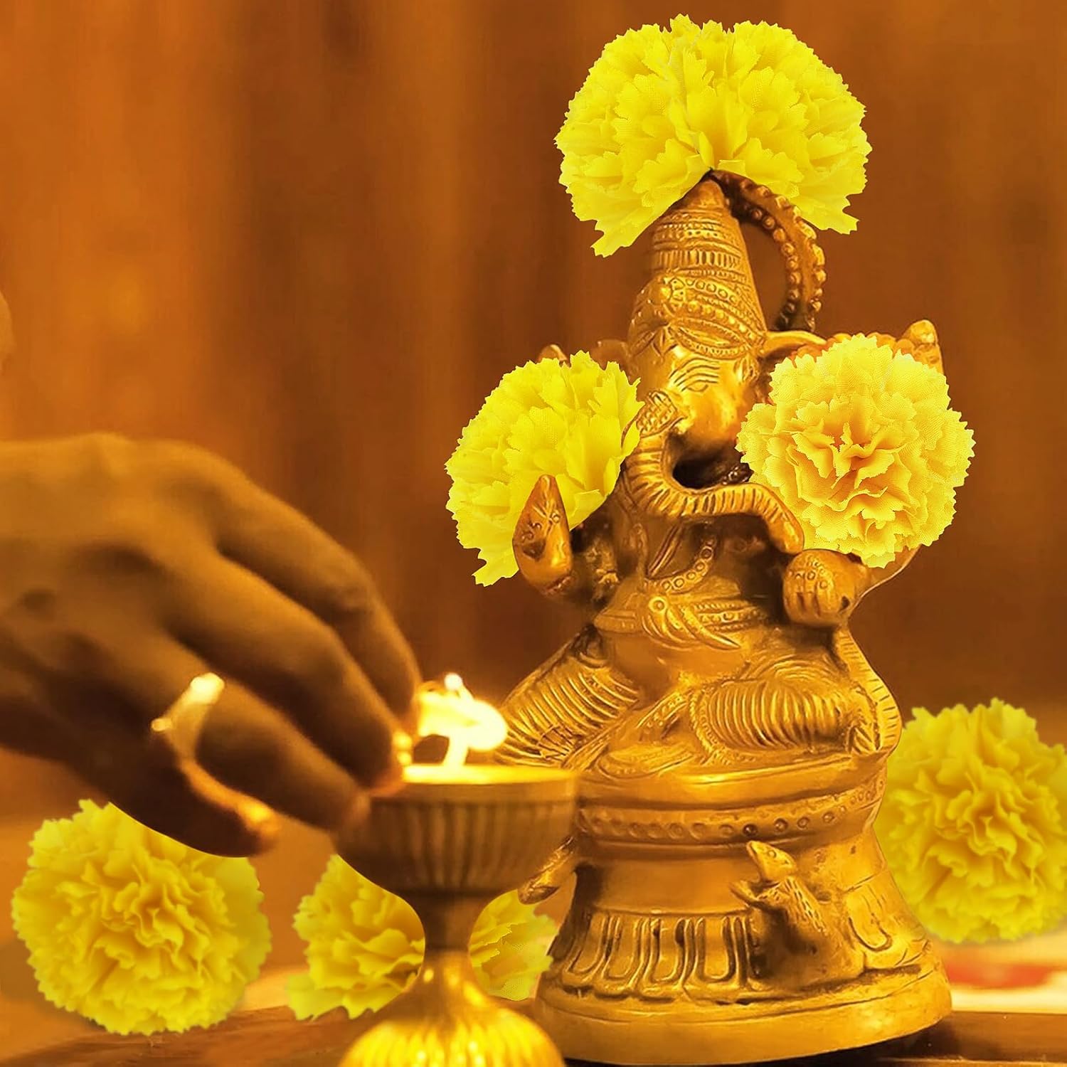 30 Pcs Artificial Marigold Flowers,3.54 Silk Marigold Flower Heads with Stems,Yellow Flowers Artificial for Diwali Decor,Indian Wedding,Home,DIY Wreath Garland,Day of The Dead Decorations