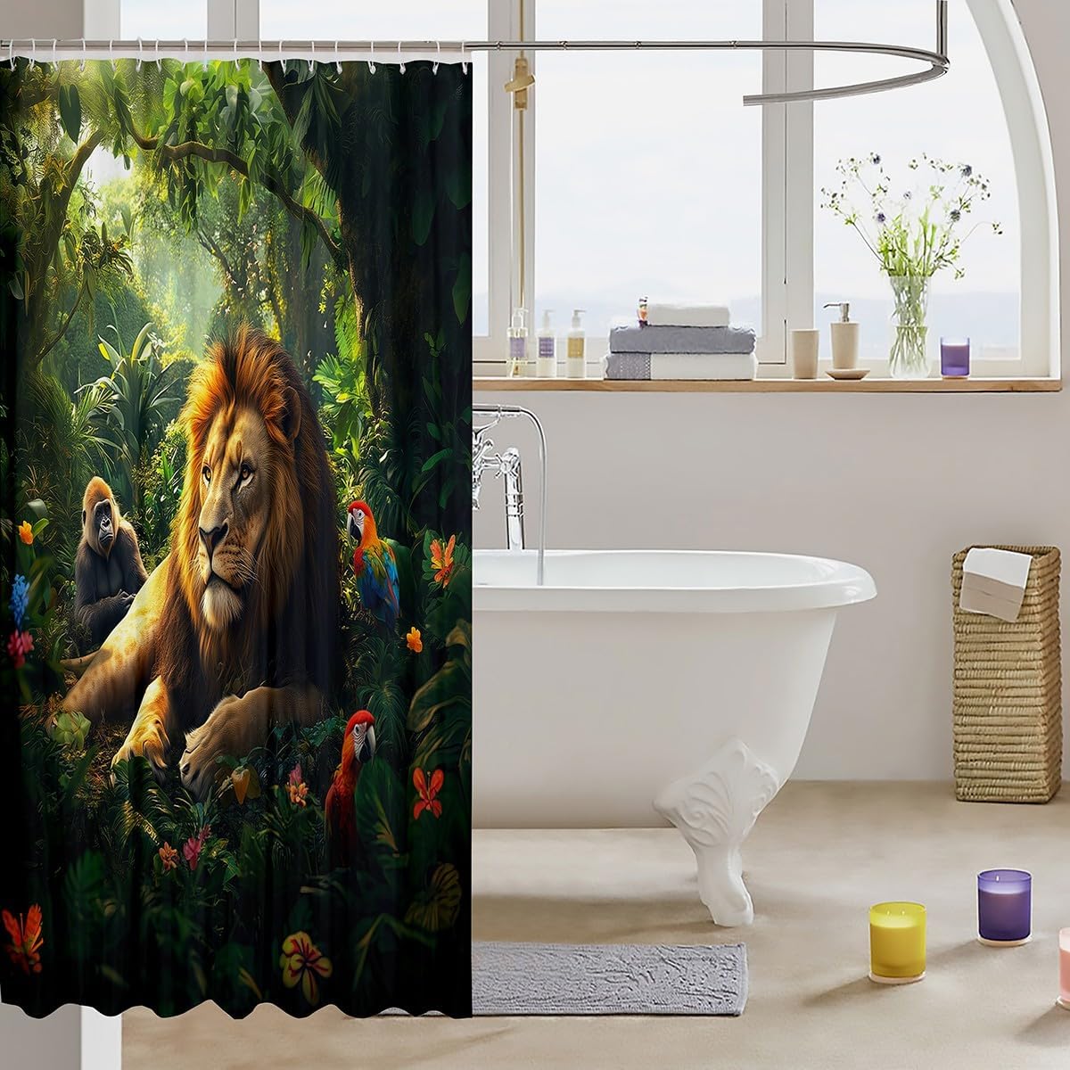 3D Lion Shower Curtain,Gorilla Parrot Waterproof Curtain,Tropical Jungle Trees Floral Bathroom Curtain for Kids Boys Girls Adult Room Decor,Nature Wild Animals Bath Curtain,12 Hooks,72"Wx72"L image 3