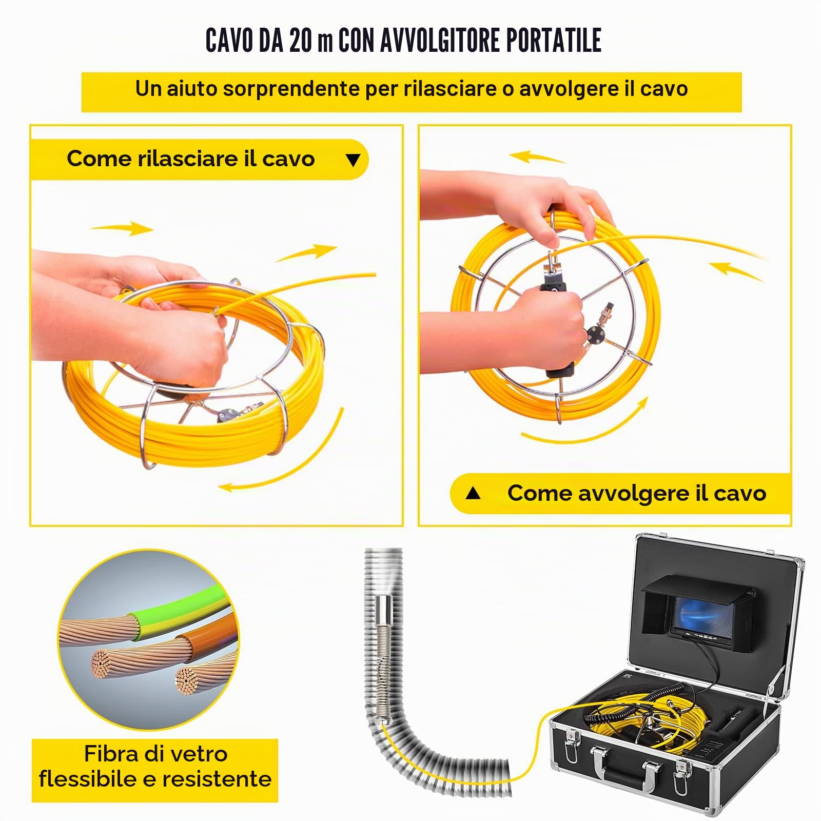 VEVOR Telecamera d'Ispezione per Fognatura Impermeabile Cavo da 20m, Telecamera d'Ispezione per Tubo Fognario Schermo LCD 9 Pollici con Scheda SD