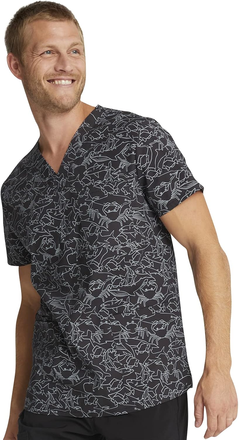 Cherokee Genuine Men and Women V-Neck Printed Top 4 Pockets | Modern Unisex Fit, Cotton Spandex Poplin, Instrument Loops, Side Vents, Easy Care, For Unisex Healthcare Teams