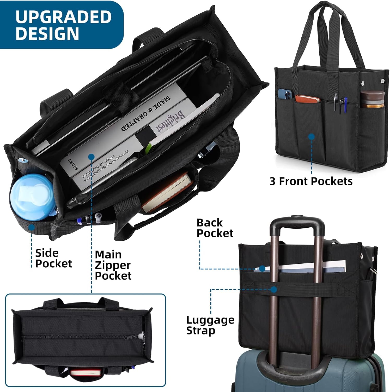 MASTLU Utility Waterproof Tote Bag with Compartments, Portable Tote Bag for Men/Women Work, Top Zipper Closure & Thick Bottom, Crossbody Work Laptop Bag briefcase Handbags(Black) - Image 6