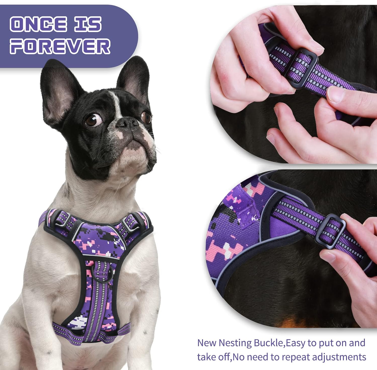 Size M No Pull Dog Harness for Medium Dogs, Adjustable No Choke Pet Vest with Dog Leash Fit Smart Reflective Pet Walking Harness for Training Easy Control Soft Handle Purple Camo