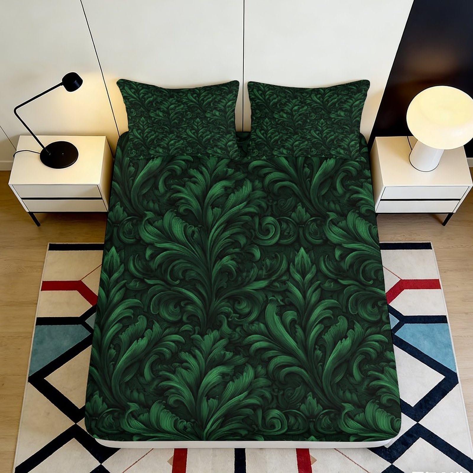 3D Printed Dark Green Baroque Fitted Sheet Microfiber Ornate Leaf Mattress Cover for Bedroom Guest Room Decor 90x200x25cm