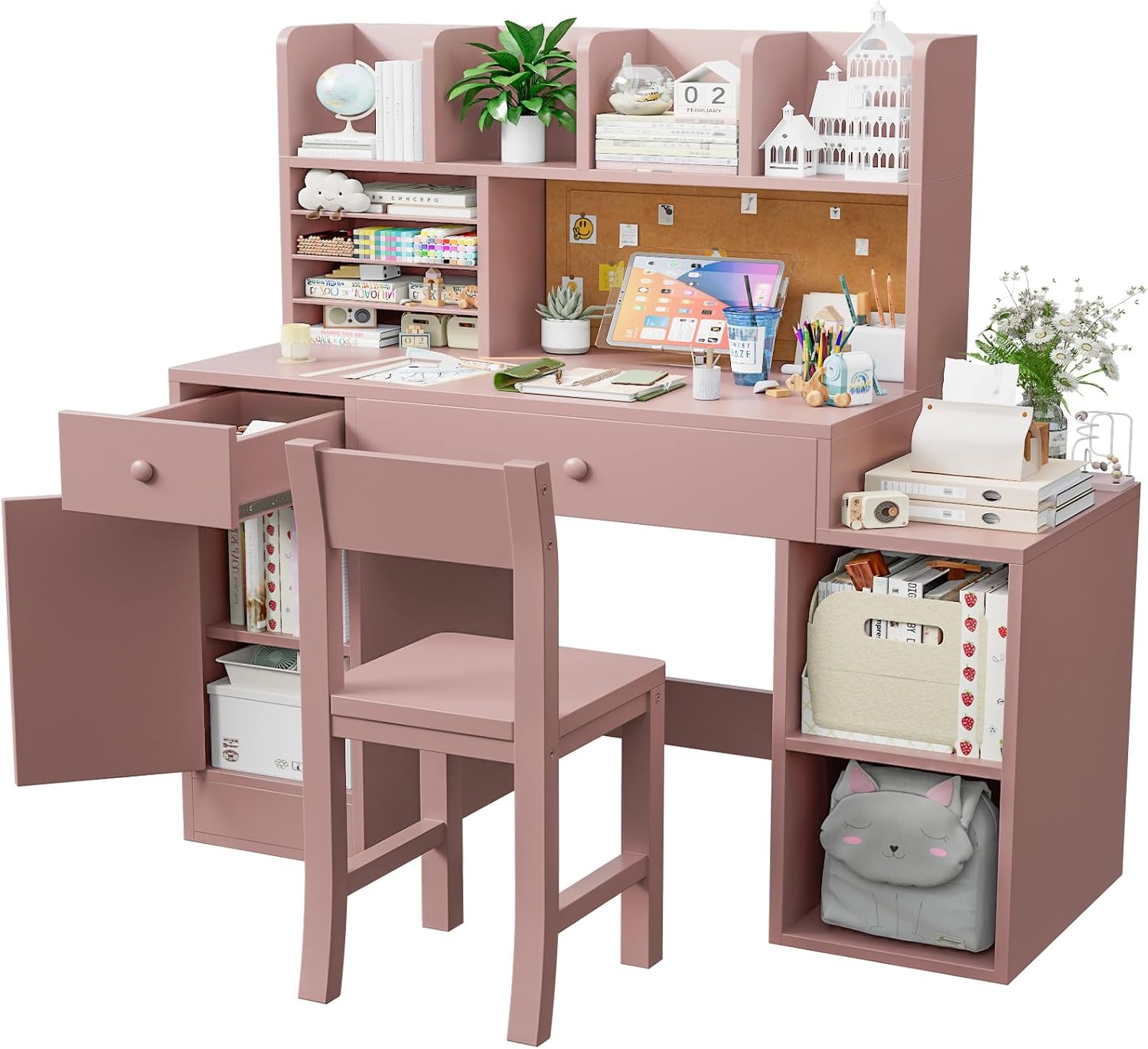 Pink Wooden Kids Desk and Chair Set,Kids Study Table and Chair Set with 4 Storage Open Shelves,Kids Study Desk with 2 Drawers & 4 Cabinet,Girls Study Desks for Kid with Hutch for Bedroom-Jcp9pn
