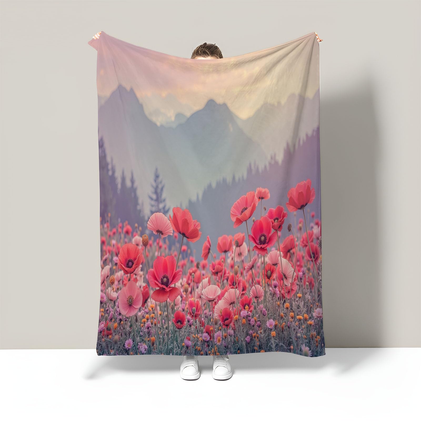 Couverture Champ De Coquelicots Naturel Paysage De Montagne Couverture en Flanelle Rose Plaid Doux Chaude Léger pour Canapé Lit Voyage Plaid Décorative pour Enfants Garçons Filles 220X240Cm