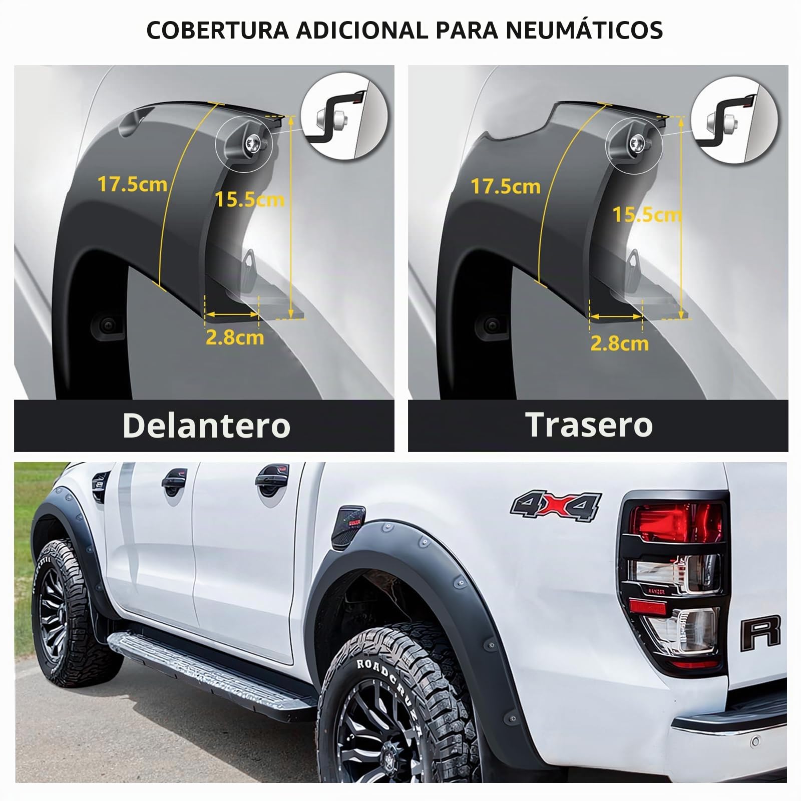 Fender Flare - Ampliador de Guardabarros para Ford Ranger 2015-2022 T7 T8 sin PDC, extensión extra ancha para guardabarros (remachado)