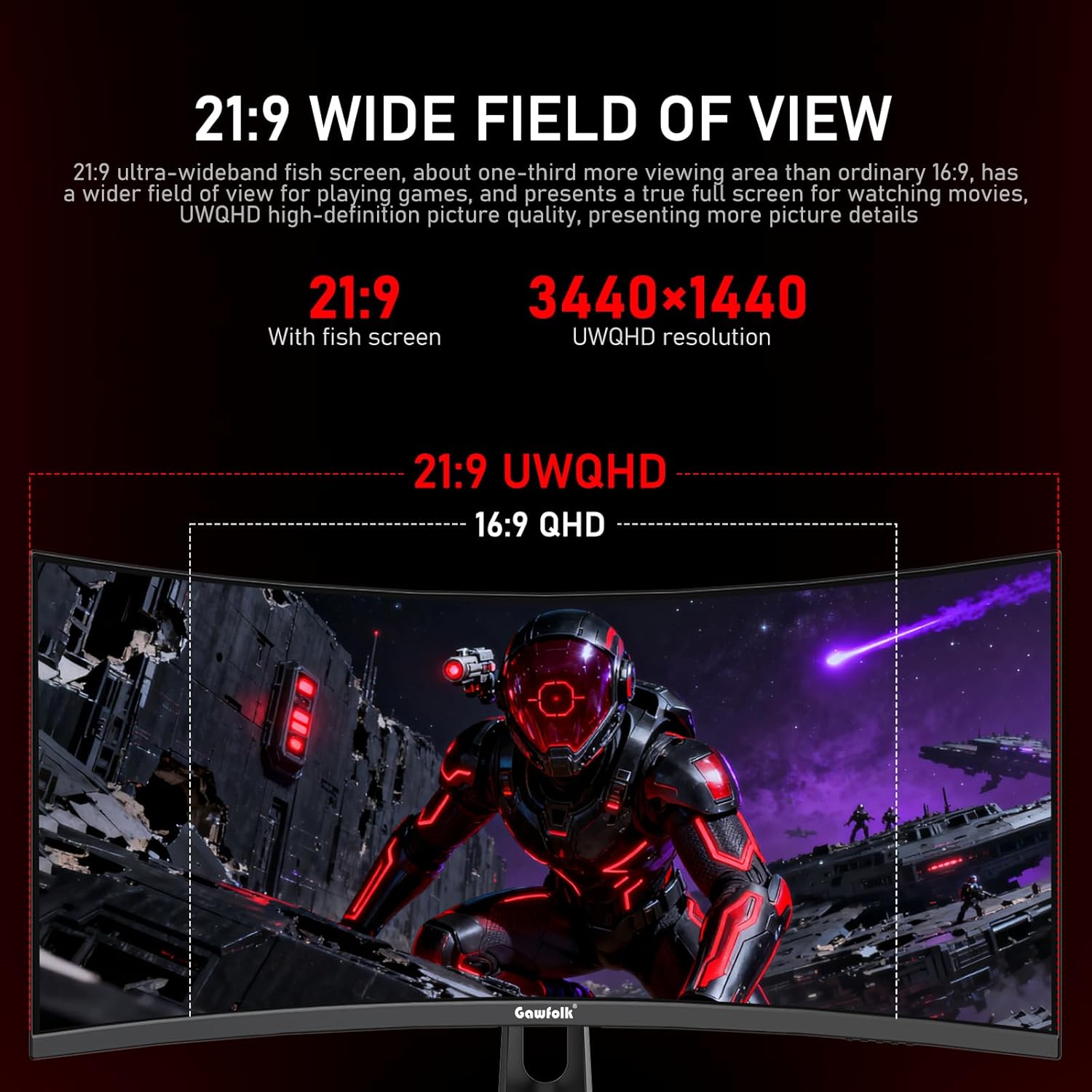 Gawfolk 34 Inch Ultrawide Curved 180Hz Gaming Computer Monitor,1500R PC Screen 21:9 UWQHD (3440x1440),120% sRGB,Adaptive Sync,178° Viewing Angle,Display Port、HDMI,Compatible with Wall mounting -Black