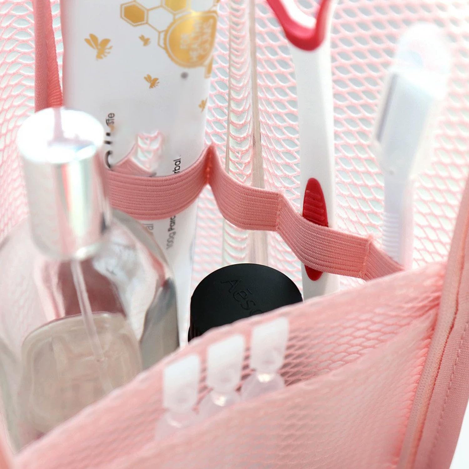 Borsa da toilette in piedi, borsa da toilette portatile leggera da viaggio con multi-scomparti, borsa per il trucco in piedi da appendere, in rete EVA, senza polvere, con cerniera, per casa e vacanze