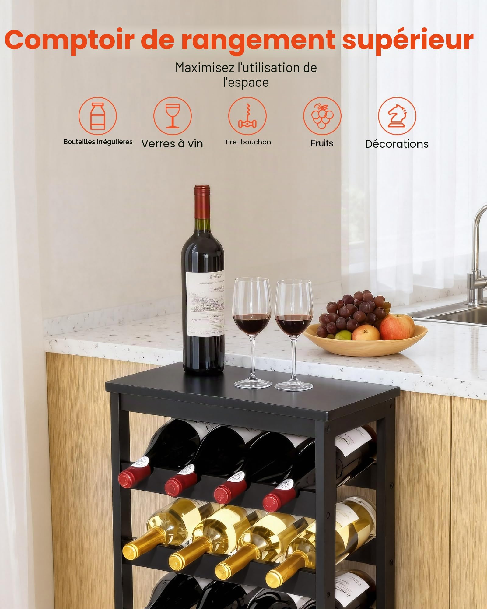 VEVOR Casier à Vin Autoportant Capacité 24 Bouteilles, Range Bouteilles à 6 Niveaux, Étagère à Vin Stable avec Plateau, Rangement Présentation pour Cuisine Garde-Manger Salle à Manger Cave Bar, Noir