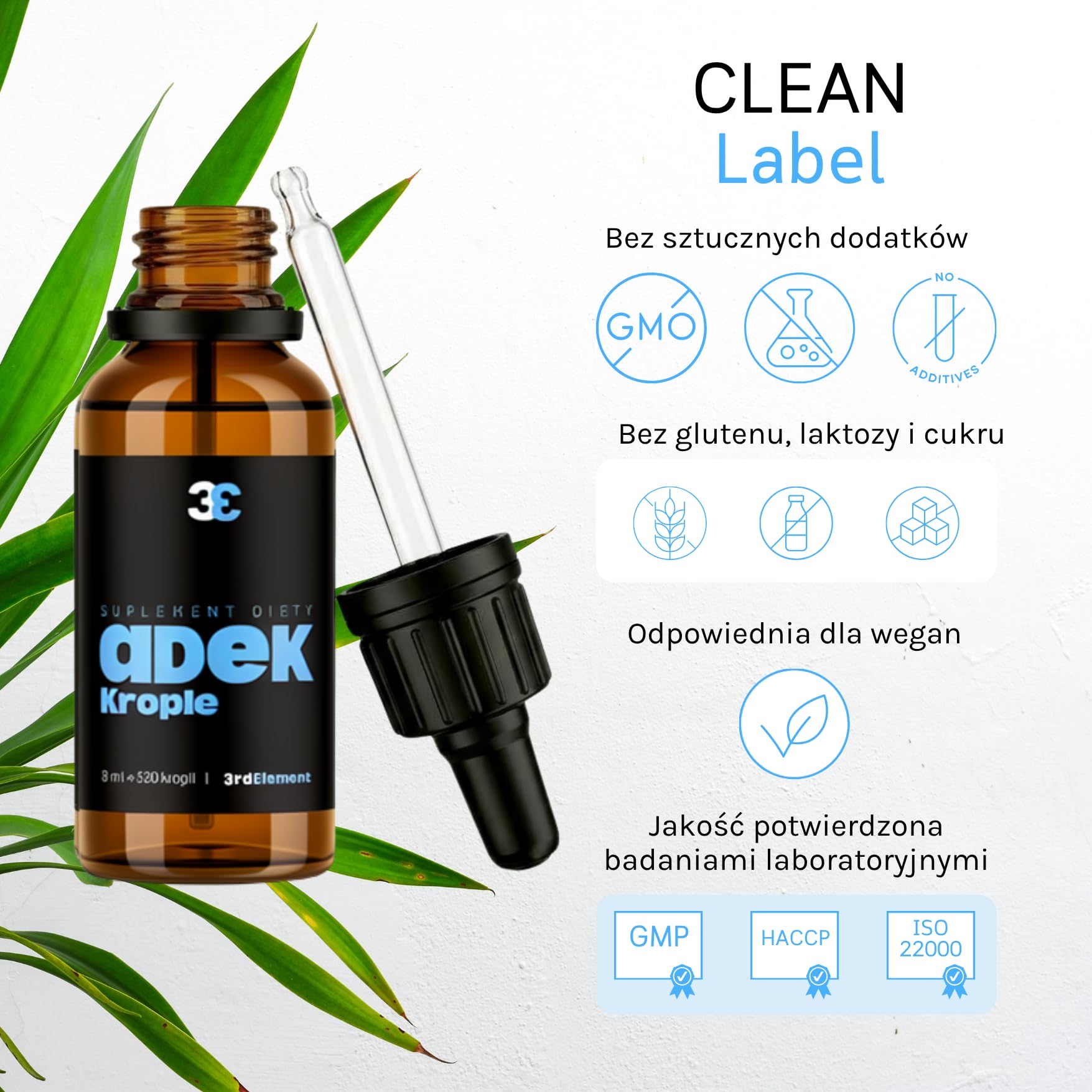 Witaminy ADEK w kroplach 10 ml | Wegańska formuła | Wspiera odporność, wzrok, skórę i kości | 3rd Element Nutrition