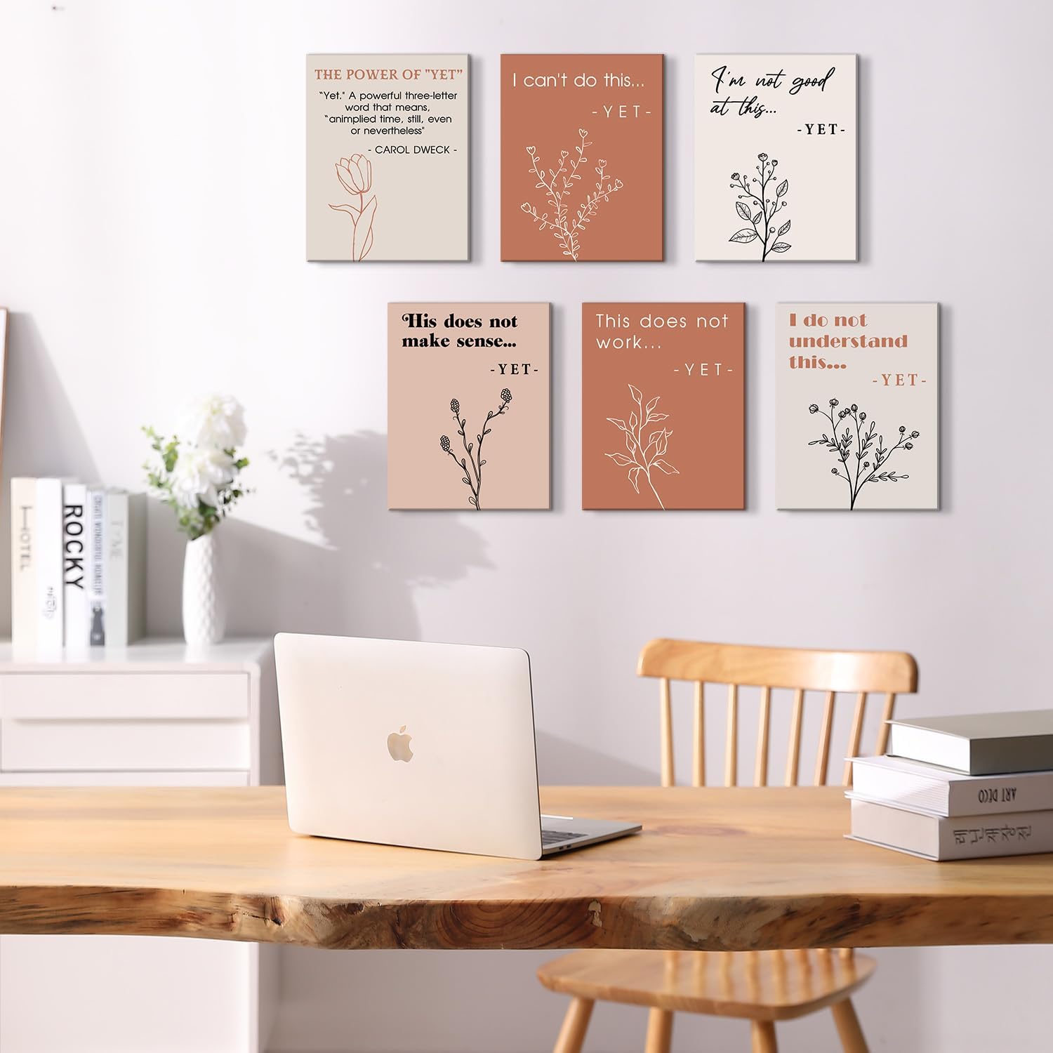 HPNIUB Boho Growth Mindset Classroom Wall Art, Set Of 6 Piece (12x16inch,Framed) Rustic The Power of Yet Motivational Quote Mental Health Wall Decor, Positive Affirmations Poster for Office Bedroom