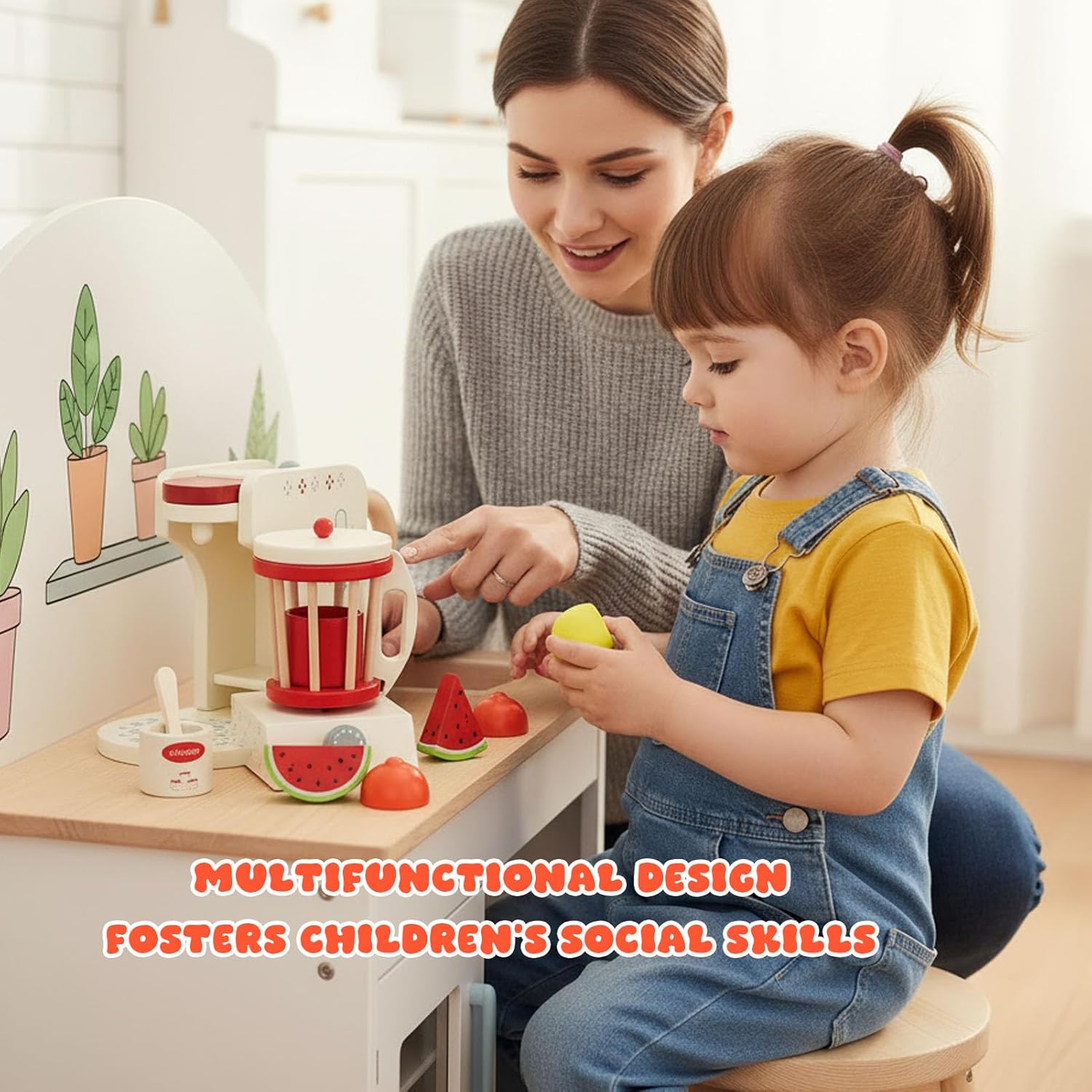 Diydeg Blender Toy, Wooden Smoothie Blender with Cup and Fruit Cutter, Kids Kitchen Accessories Set Role Play Juicer Maker for Toddlers Boys Girls Ages 3+