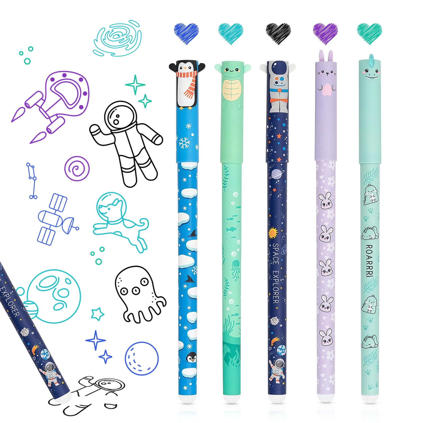 AMFUN Colorful Cartoon Erasable Gel Pen, Set of 5 Gel Pens Erasable with Cartoon Motifs Designs, Cute Rub Out Pen With Eraser For Office, School Stationery Supplies
