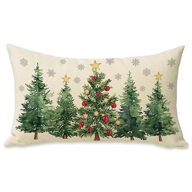 Fahrendom Christmas Tree Lumbar Decorative Rectangle Pillow Cover 12 x 20 Xmas Pine Trees Snowflake Porch Patio Outdoor