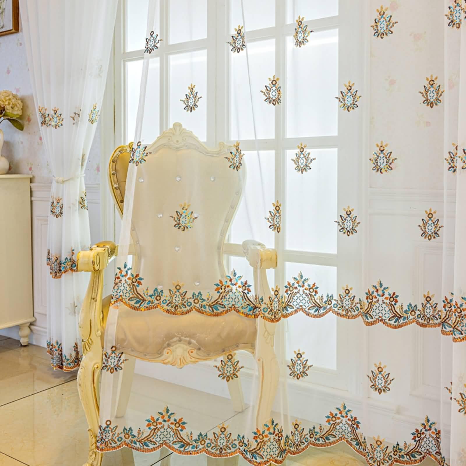 Vorhänge Küche Bunt, Polyester Gardienen mit Pailletten Blumenmuster, 107X213cm-2Pcs