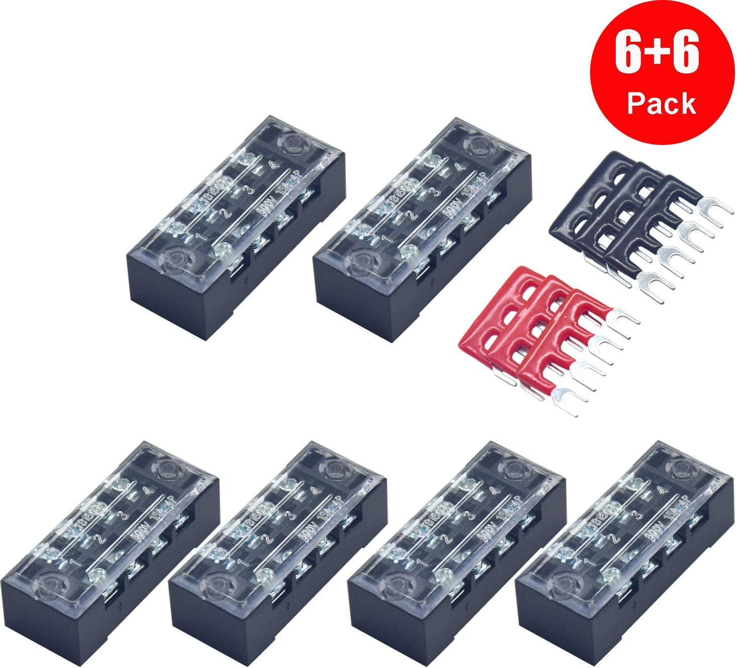 Yosawo6-Pieces 600V 15A Dual Row 4 Position Screw Terminal Strip + 6-Pieces 400V 15A 4 Positions Red/Black Pre-Insulated Terminal Barrier Strip（TB1504)