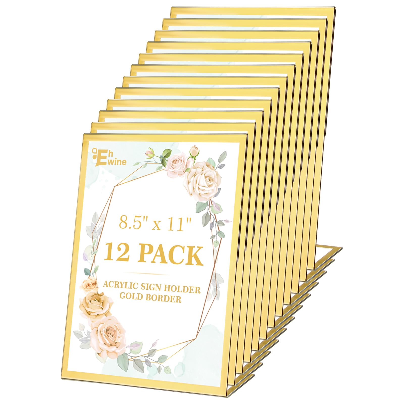 EHWINE 12 Pack Acrylic Sign Holder 8.5 x 11, Gold Picture Frame Stand up Table Top Sign Holders, Slanted Back Paper Holder Clear Display Stand Menu