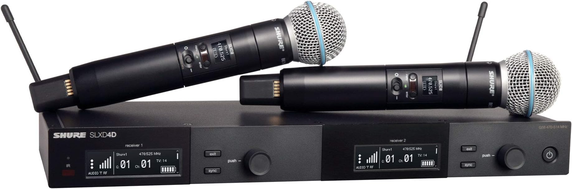 Shure SLXD24D/B58 Dual Channel Digital Wireless Microphone System - Includes Two SLXD2 Handheld Transmitters with BETA 58A Vocal Mic Capsules, SLXD4D Rack Mount Receiver | G58 Band (SLXD24D/B58-G58)