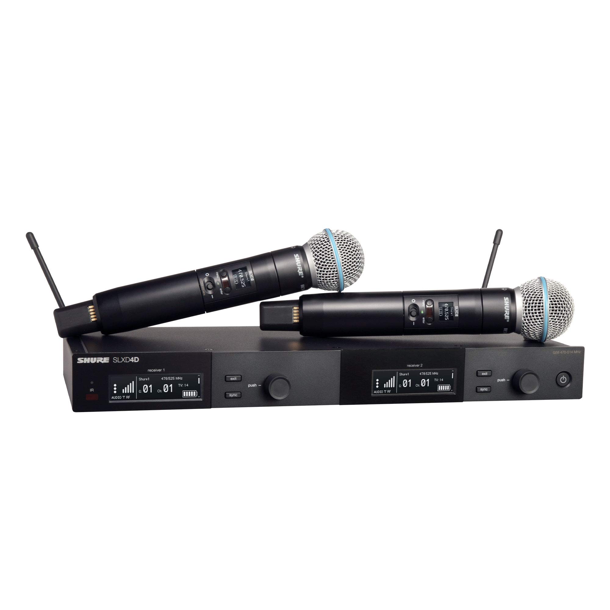 Shure SLXD24D/B58 Dual Channel Digital Wireless Microphone System - Includes Two SLXD2 Handheld Transmitters with BETA 58A Vocal Mic Capsules, SLXD4D Rack Mount Receiver | G58 Band (SLXD24D/B58-G58)