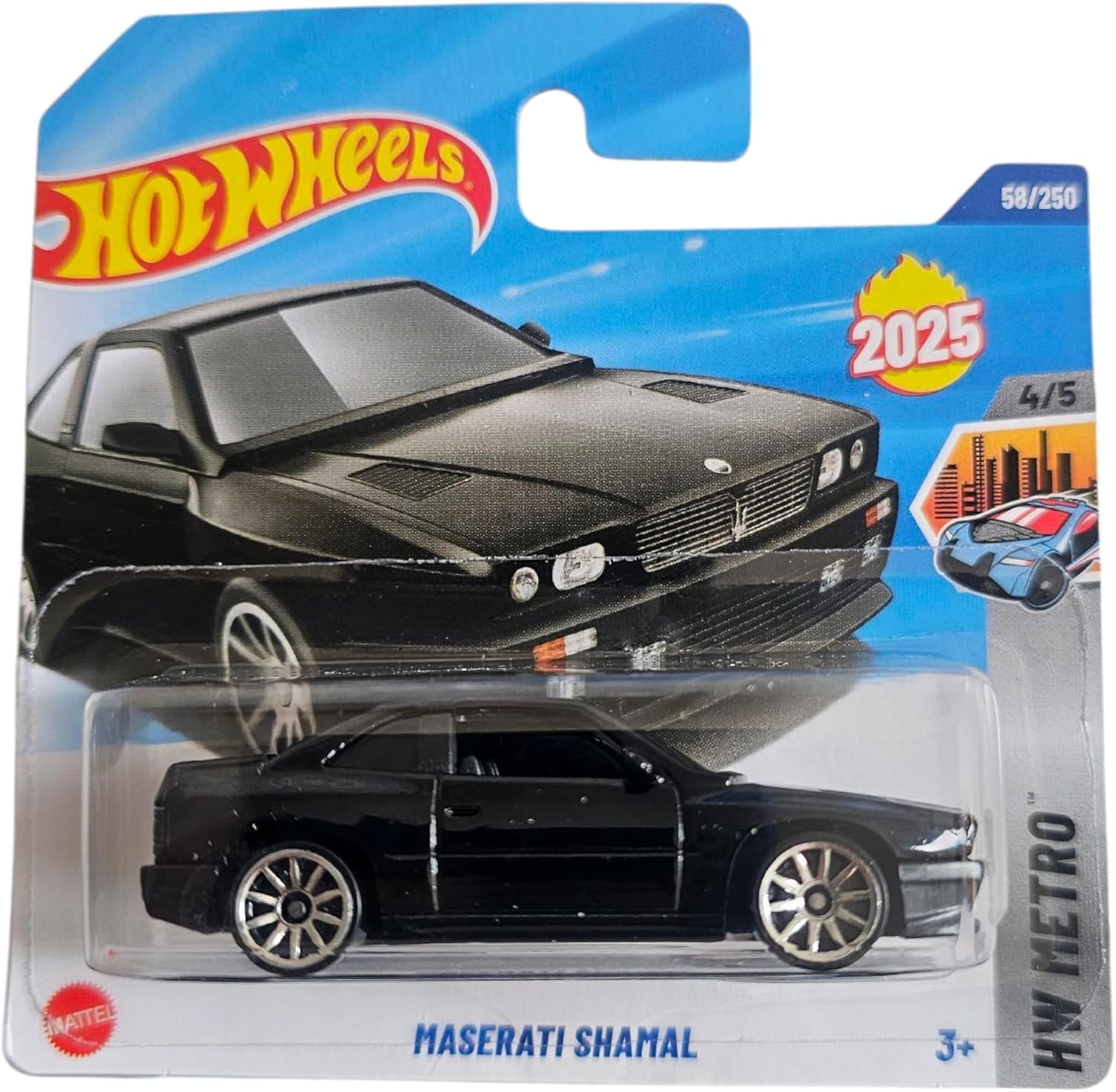 Hot Wheels Maserati Shamal, 2025 Collection, 53/250, Die-Cast Model Car, Black, Schwarz, 7.4 cm (L) x 4 cm (W) x 3 cm (H)