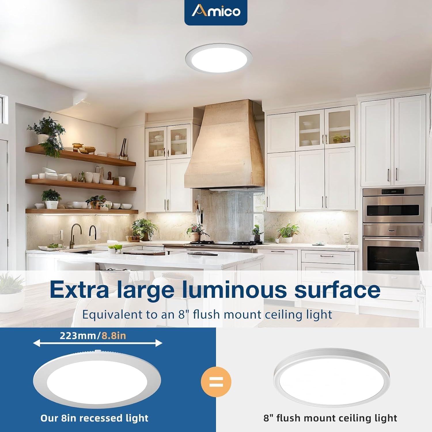 Amico 6 Pack 8 Inch 5CCT Ultra-Thin LED Recessed Ceiling Light with Junction Box, 2700K/3000K/3500K/4000K/5000K Selectable, 18W Eqv 125W 1600LM Brightness Dimmable Canless Wafer Downlight, ETL