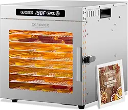 Máquina desidratadora de alimentos, 9 bandejas de aço inoxidável, desidratador de frutas de 1000 W, desidratador de carne de 7,7 pés quadrados para ceca, controlo de temperatura de 190ºF,