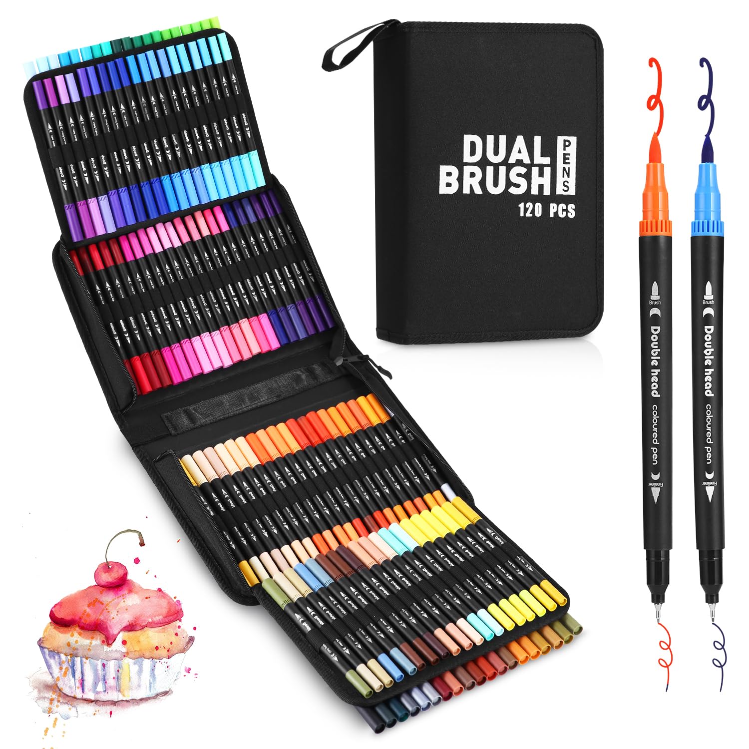 120 Rotuladores doble punta, Kit Acuarelable para Niñas/os y Adultos,marcadores acrílicos con estuche,Kit Rotuladores Acuarelables,Doble Punta Pincel para Lettering, Colorear, dibujar, pintar