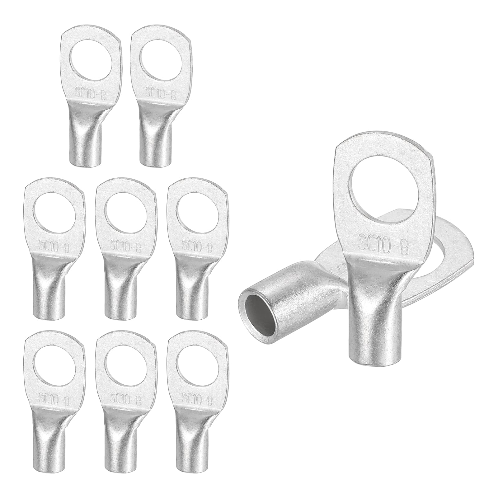 sourcing map 20 Pcs Tinned Copper Wire Lugs 8AWG 21/64" Wire Connectors Marine Grade Battery Cable Ends Ring Terminals SC10-8NH Battery Cable Lugs, Silver