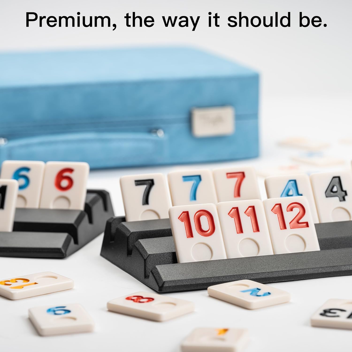 Rummy Game Set, 2-4 Players with 106 Rummy Tiles and 4 Racks, Rummy Travel Game Set with Faux Leather Case, Fun Family Classic Board Games (Blue)