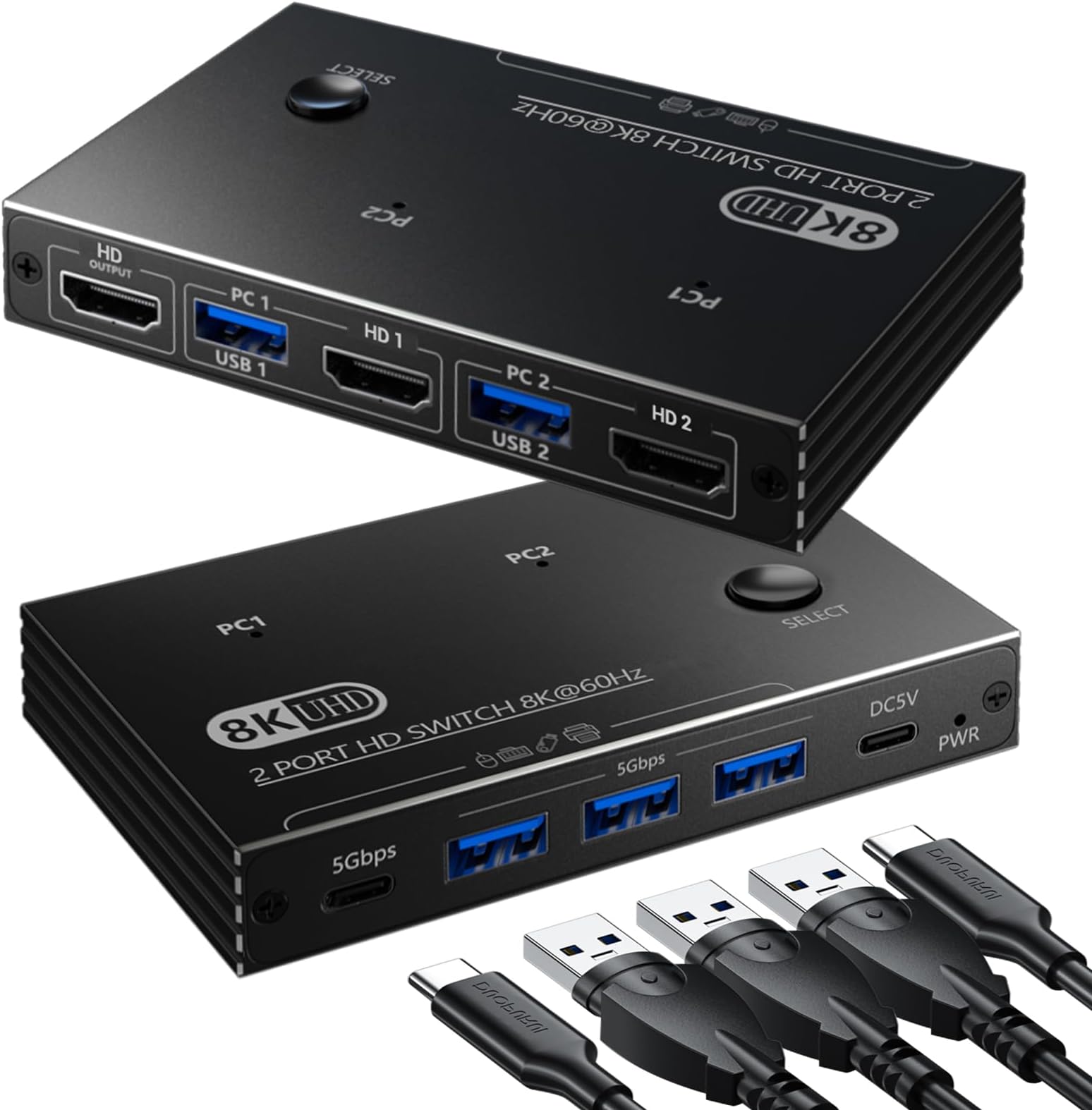 8K@60Hz KVM Switch 1 Monitors 2 Computers - 8K Hd Mi KVM Switcher for Two Computers with 4 USB 3.0 A/C Port Share One Monitor Keyboard Mouse Printer U-Drive, with EDID Adaptive and 2*USB Cables