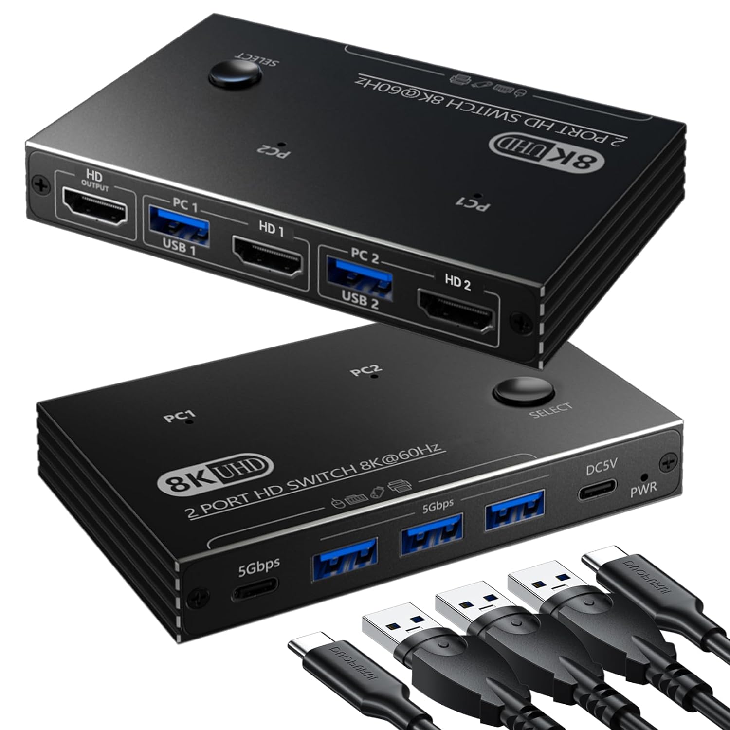 8K@60Hz KVM Switch 1 Monitors 2 Computers - 8K Hd Mi KVM Switcher for Two Computers with 4 USB 3.0 A/C Port Share One Monitor Keyboard Mouse Printer U-Drive, with EDID Adaptive and 2*USB Cables