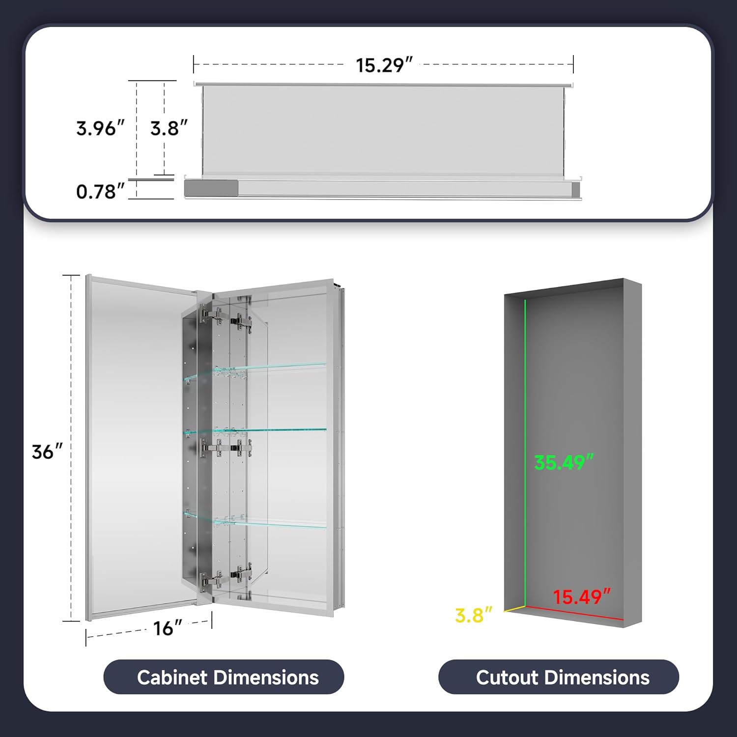 Medicine Cabinet 16\" x 36\", Bathroom Medicine Cabinet with Mirror, Recessed Medicine Cabinets with Adjustable Shelves, Soft-Closing Door, and Aluminum Alloy Frame - Reverse Installation, Silver 16\" x 36”similar