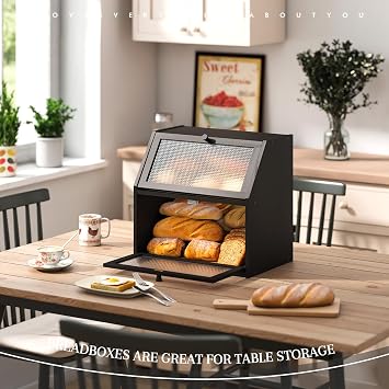 STDDRE Bread Box for Kitchen Countertop Bin Double Layer Bread Box Storage Container Extra Large Capacity with Diamond Pattern Windows (Black, Extra Large)