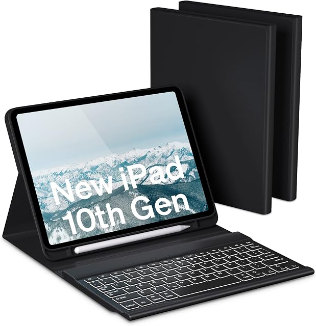 Doohoeek Case with Keyboard for iPad 10.9 inch 10th Generation, new iPad 10.9" Twill-Cover Case, Magnetic Detachable Keyboard, 7 Color backlight, Bluetooth Keyboard - Black