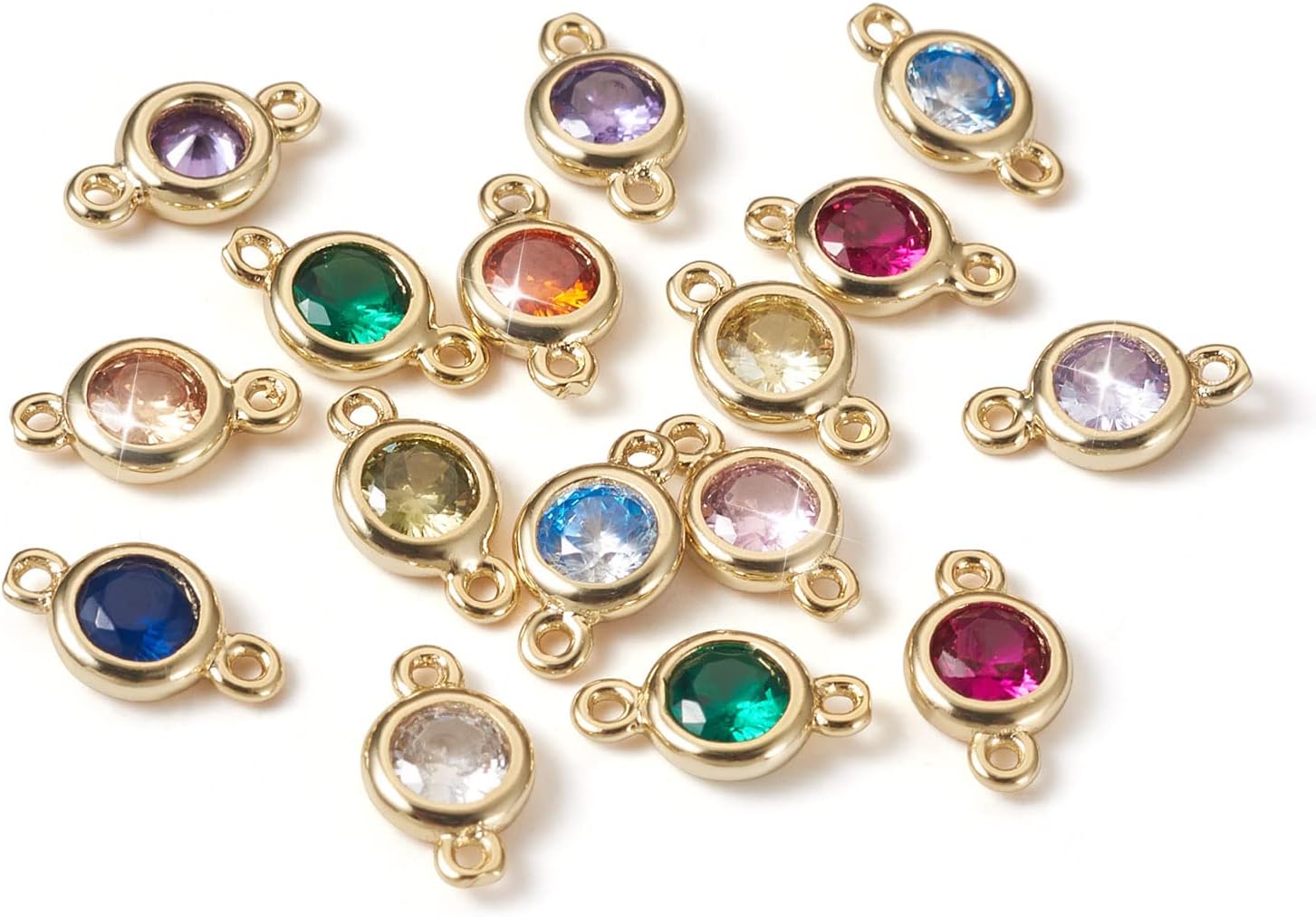 Cheriswelry 24Pcs Real 14K Gold Brass Cubic Zirconia Connector Charms Flat Round Rhinestone Crystal Linking Pendants with Metal Loop 12 colors for DIY Necklace Bracelet Chain Jewelry Making