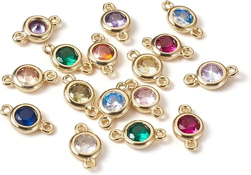 Cheriswelry 24 dijes de conector de circonita cúbica de latón de oro de 14 quilates, redondos, planos, diamantes de imitación, con lazo de metal, 12