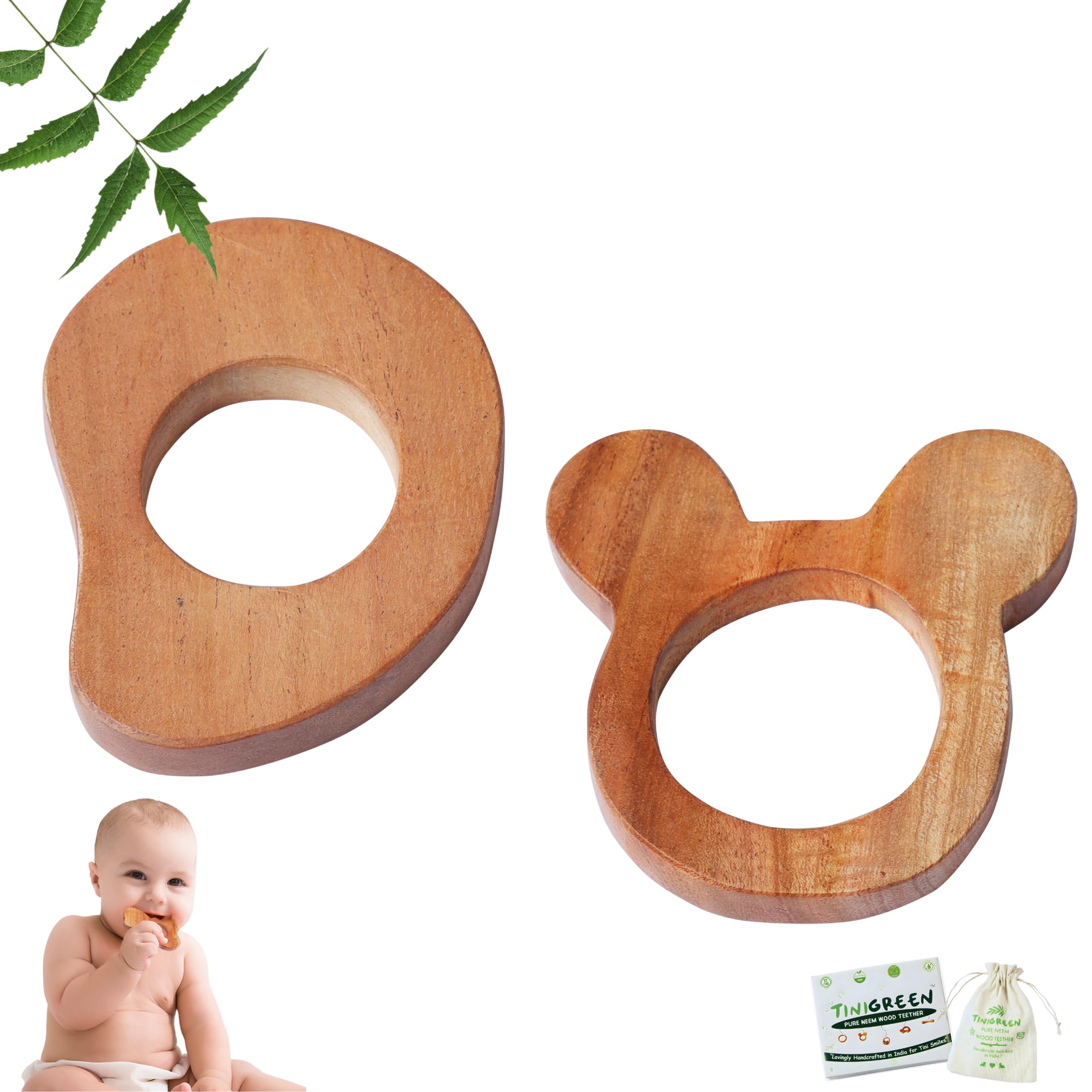 Neem Wooden Baby Teether Mango & Mickey Shape Natural Gum Relief Toy for Babies 3–12 Months (Pack of 2)-image-6