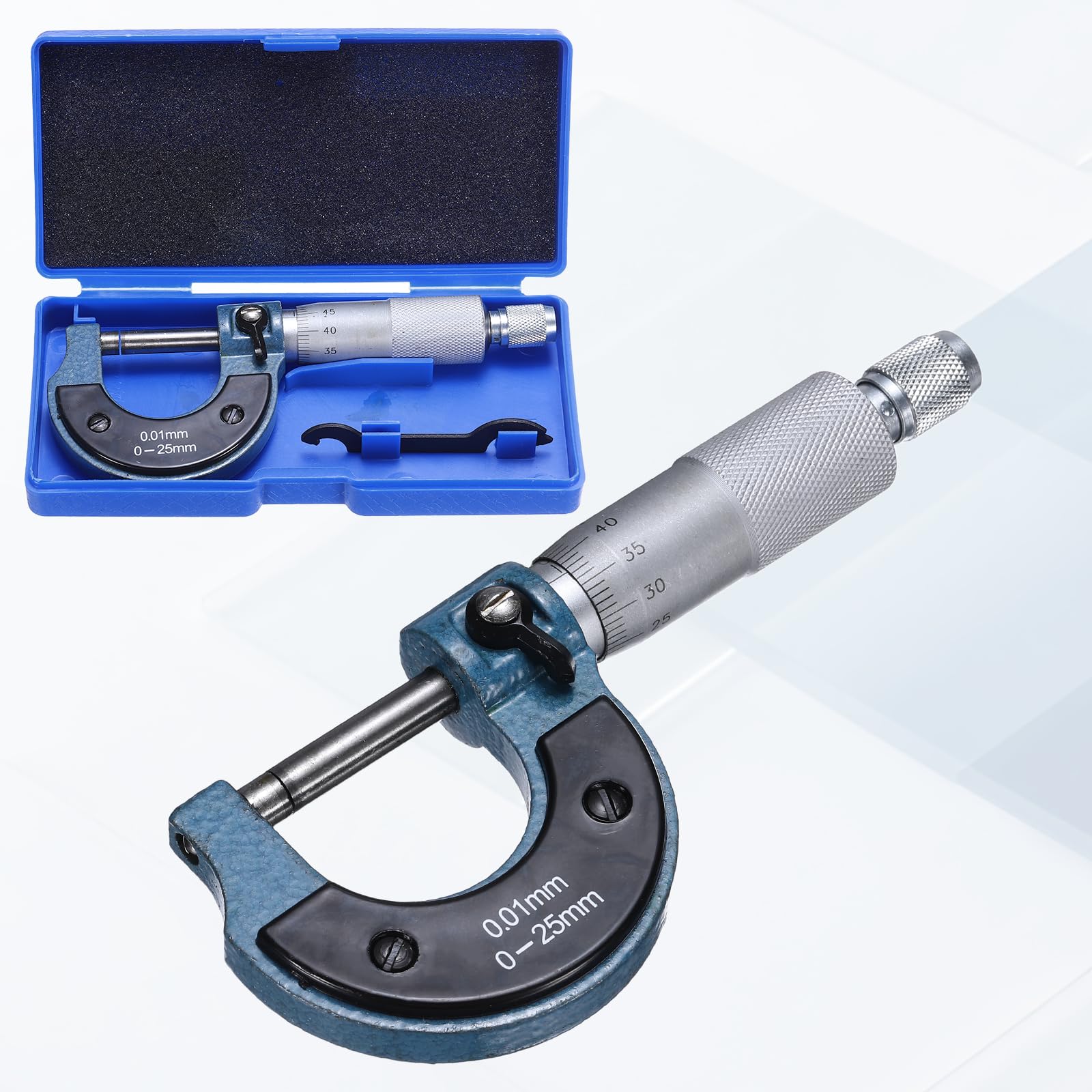 Herramienta de medición de precisión de grado industrial para metal, con rango métrico de 0 a 25 mm y precisión de +/-0,01 mm, con tope de trinquete, para maquinistas e ingenieros. Color azul.