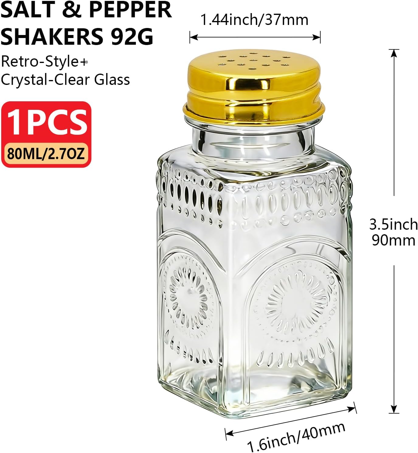 1 Pc Sunburst Floral Glass Salt and Pepper Shakers Set, Vintage Spice Shakers for Dining Room Table, Kitchen, Restaurant (Gold lid)