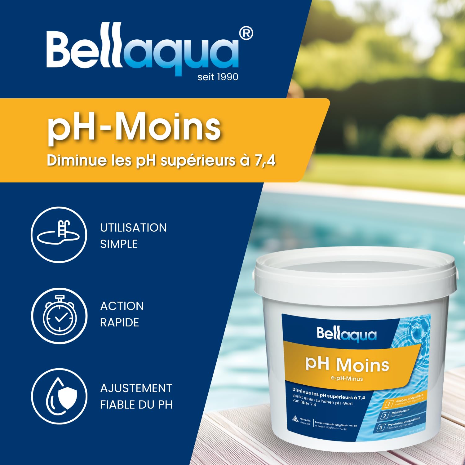 BELLAQUA pH-Moins 6 kg Granulés pH- Piscine et Spa Réducteur pH Rapide | Facile à utiliser, doseur inclus, verser directement dans l'eau, 100g / 10 m³ baisse pH de 0,1, compatible piscine et spa
