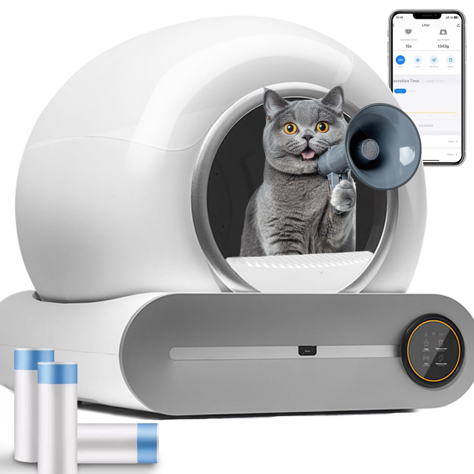 Arenero Autolimpiable para Gatos, Arenero Gato Autolimpiable, 65L+9L, con Bolsa de Basura, Control de App, Diseño de Ahorro de Espacio Alarma Segura Sensores de Peso, Arenero Gato Grande