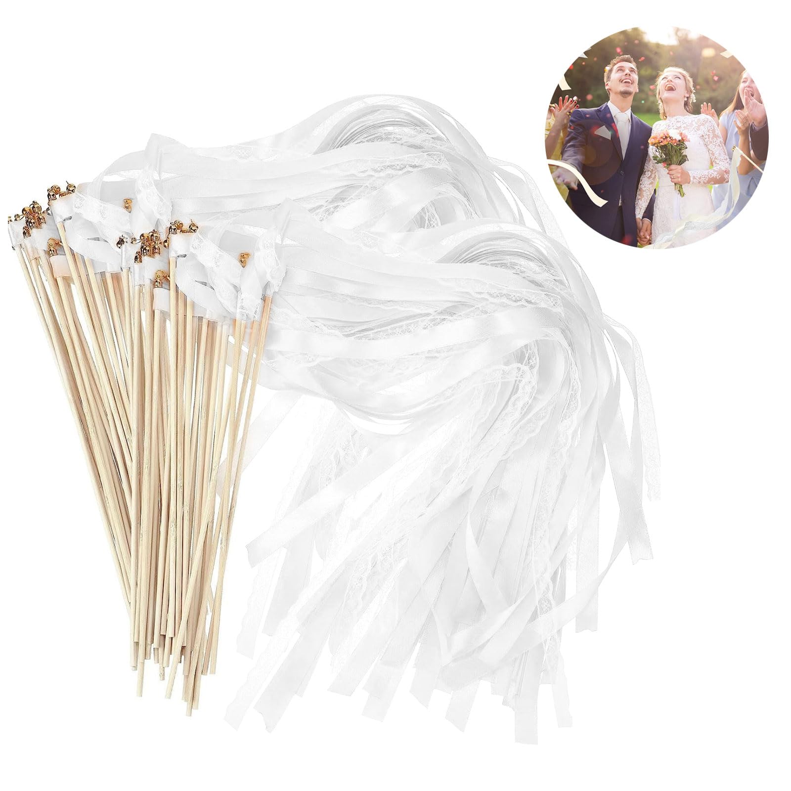 Wedding Wands, 30 unidades de varillas con campana y cintas de boda, varitas mágicas de boda serpentinas, serpentinas se utilizan para bodas, cumpleaños, fiestas, celebraciones de vacaciones
