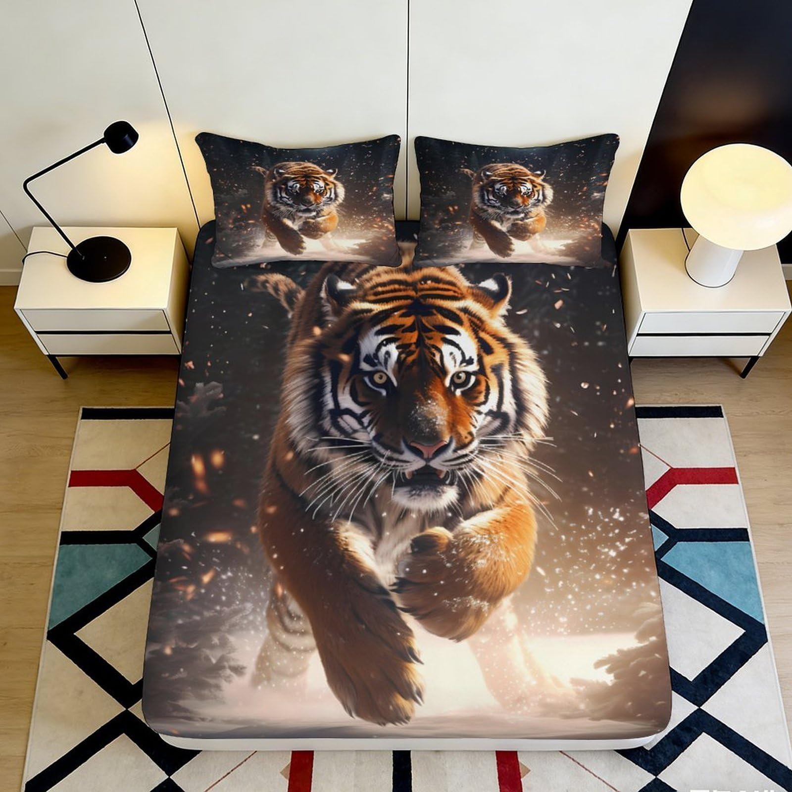 3D Printed Running Tiger Fitted Sheet Microfiber Soft Non-Slip Snow Forest Mattress Cover Bedroom Dorm Decor 200x200x25cm