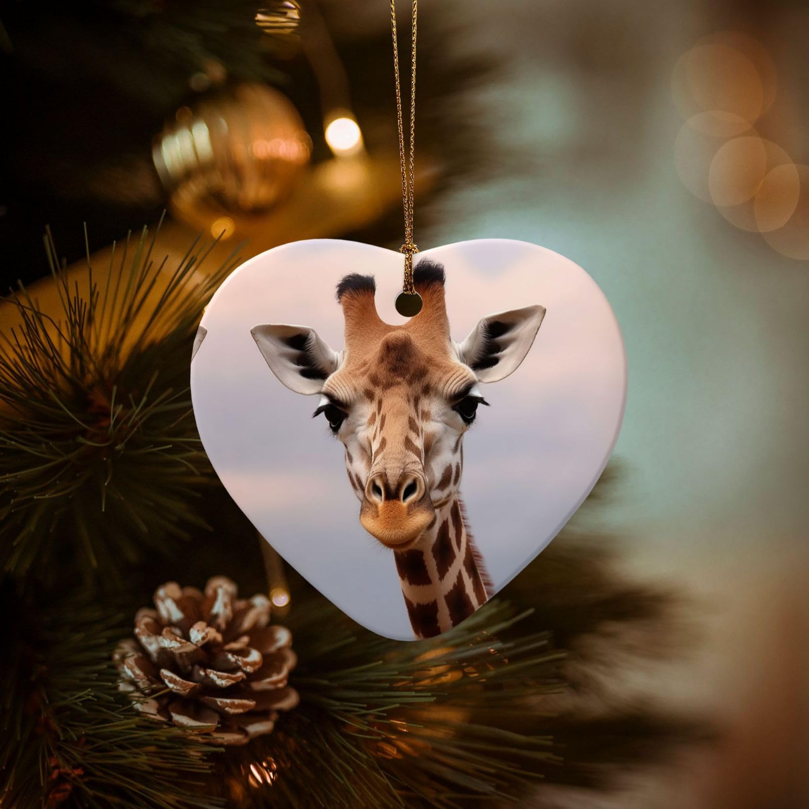 Christmas Tree Ornaments Ceramics Christmas Decorations Cute Giraffe Ornaments with Gold Ribbon Porcelain Xmas Tree Crafts Heart Shape Hanging Pendant for Christmas Tree Party Decor