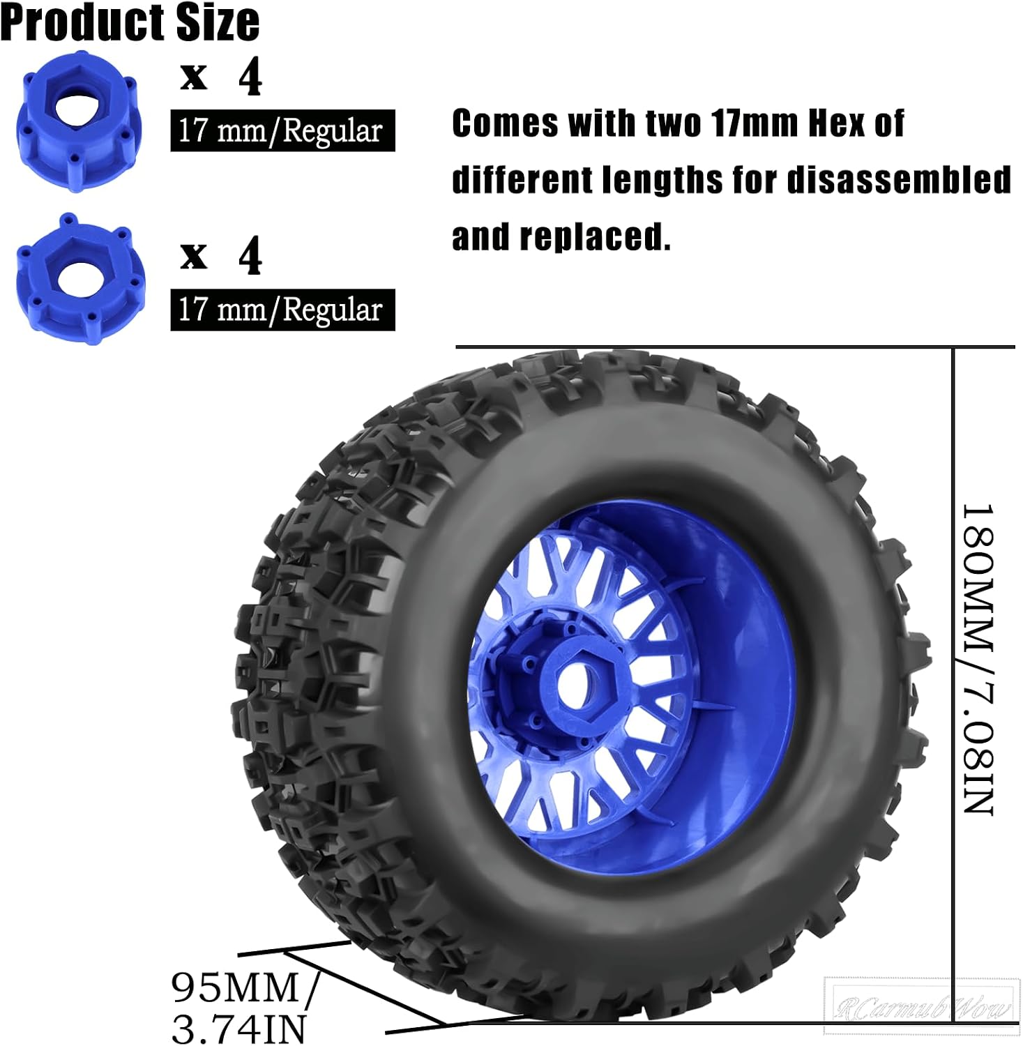 1/8 1/10 17mm Hex RC Truck Tires,Wheels and Tires for 1/10 E-Revo T-Maxx Summit Kraton Outcast Monster Truck,Buggy Rubber Tyres and Rims w/Foam Insert for RC Off-Road Car,Navy Blue-Red