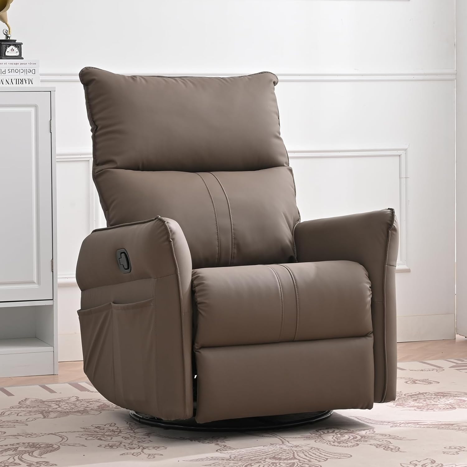 NIOIIKIT Rocker Recliner Chair, 240 Degree Swivel Nursery Rocking Chair, Glider Chair with Side Pockets and Footrest, Modern Single Sofa Chair for Bedroom, Living Room (Brown)