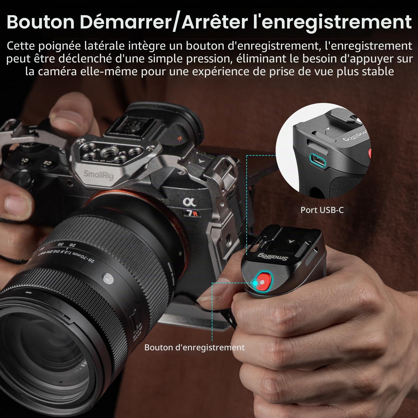SMALLRIG poignée latérale filetée avec déclencheur à distance de démarrage/arrêt d'enregistrement, 3 câbles de commande, Sony A7 III/FX3, pour Canon R5II, pour FUJIFILM X-T5, pour Panasonic S5 II-4928