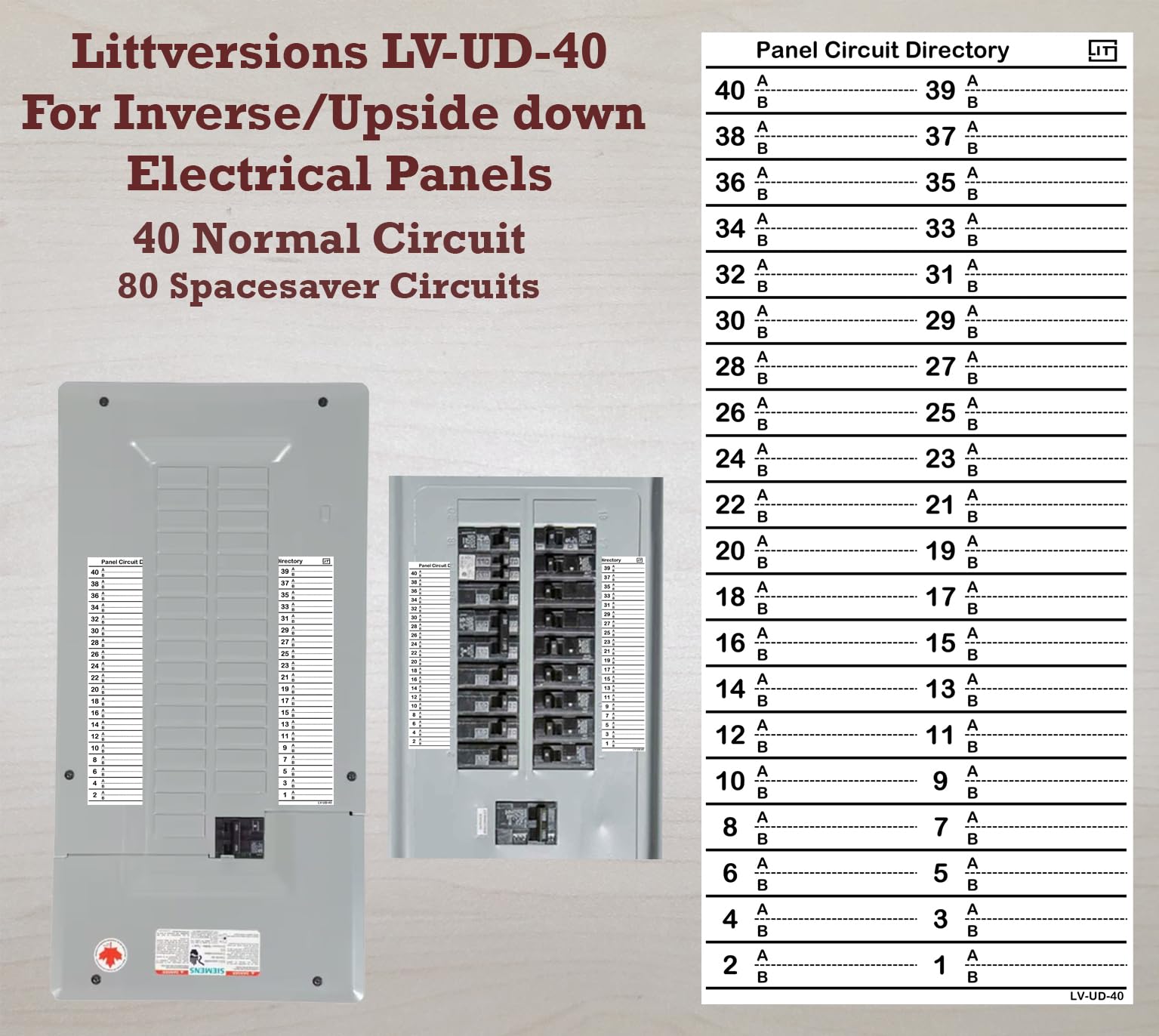 Odwrócone 40 obwodów, 2 etykiety, winylowa skrzynka bezpieczników, wyłącznik automatyczny do góry nogami, panel katalogowy, etykiety, naklejki na wszystkie panele elektryczne/centra