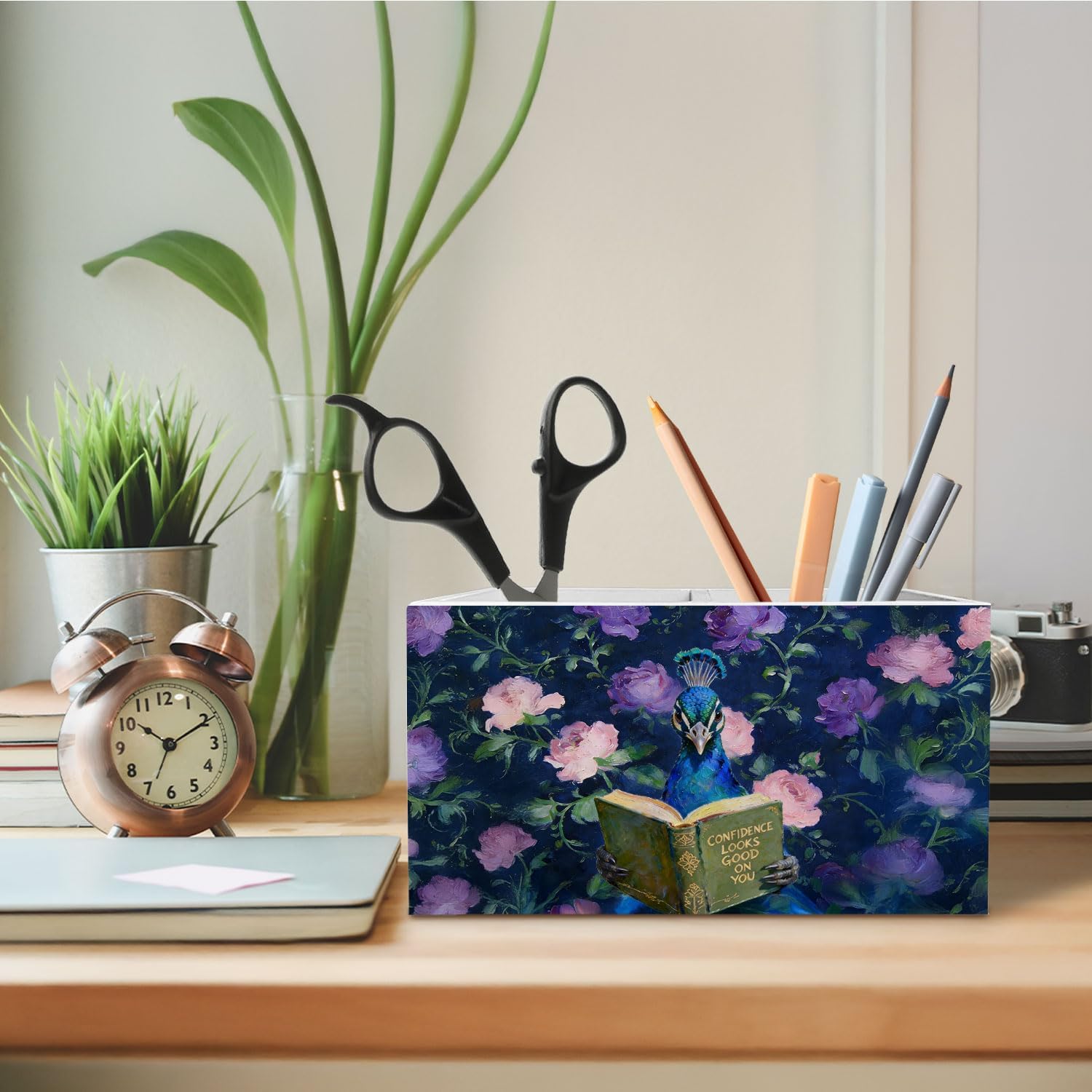 Motivational Reading Peacock Pen Holder for Desk, Rose Floral Peacock Wooden Box Sign Desk Decor for Reading Nook Corner Room Decoration, Book Lover Gifts Pencil Organizer image 3